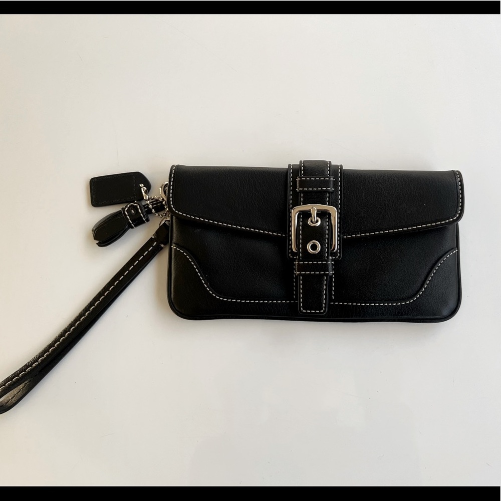Coach Black Leather Wristlet with Stitch Detail